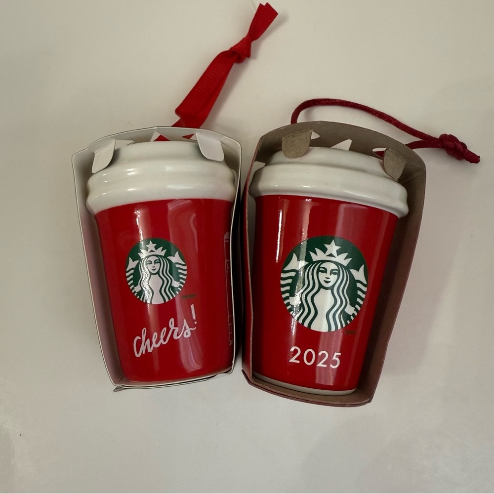 Starbucks 2025 Red Holiday Ceramic Hot Cup Cheers Ornaments